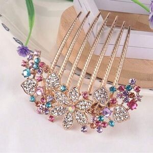 Rhinestone Floral Gold Hair Comb with Pink, Blue & Purple Accents